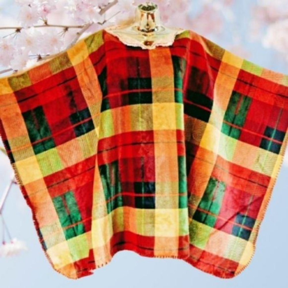 GROOVY GLAM Handmade Gold/Red Plaid Velvety Plush Sherpa Poncho Faux Shearling